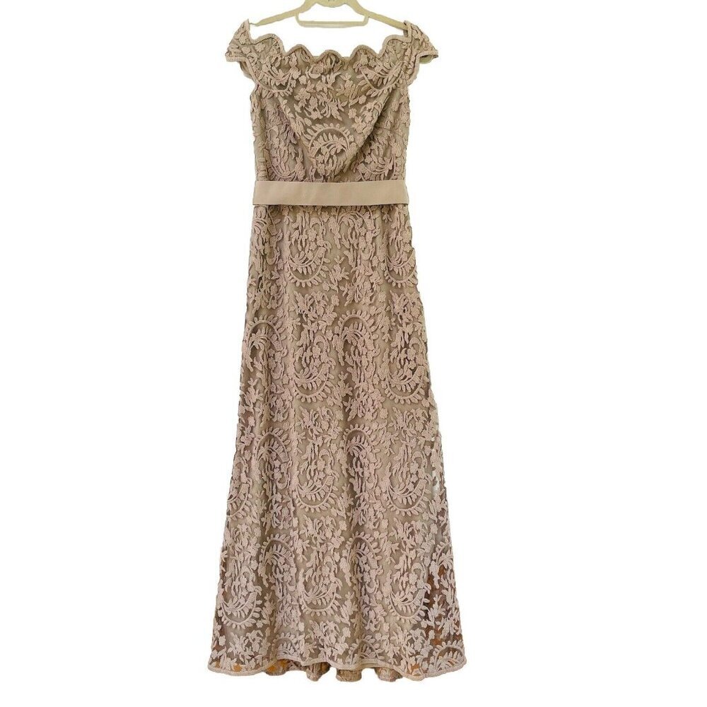 Tadashi Shoji Womens 6 Taupe Embroidered Lace Maxi Evening Dress Gown Party